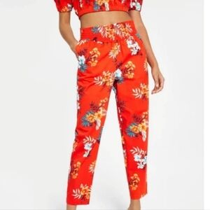 Bar III Size L Orange Tropical Floral Pull On Ankle Pant a d cropped top.